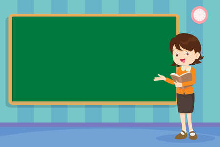 Young female teacher hold a book at blackboard in classroomのイラスト素材