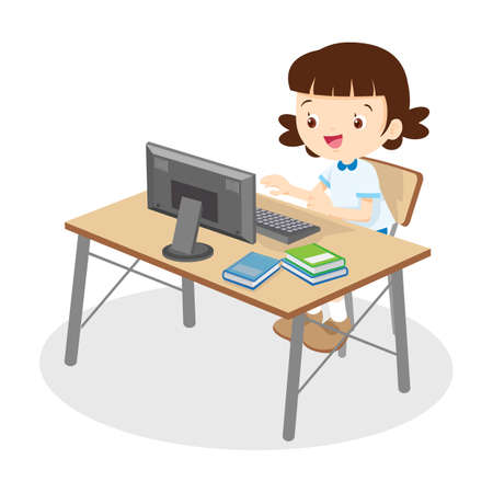cute student working with computer.student girl learning computerのイラスト素材