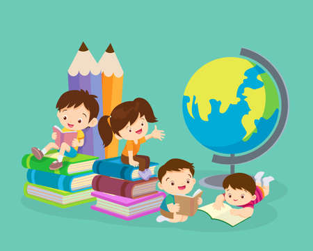 Kids sitting and reading on a huge pile of books with ladders. School education and knowledge...