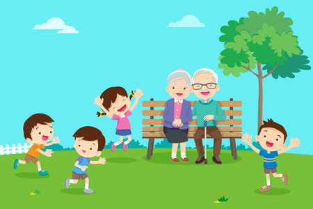 Happy Grandparents and grandchildren playing in the parkのイラスト素材