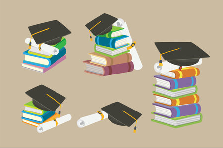 Black graduation cap on stack of books. Education and graduation concept,Collection grad hat and diploma with booksのイラスト素材