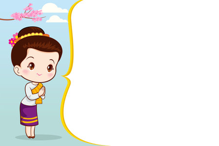 Thai character in traditional costume Sawasdee and welcome presenting traditional thai dessert setのイラスト素材