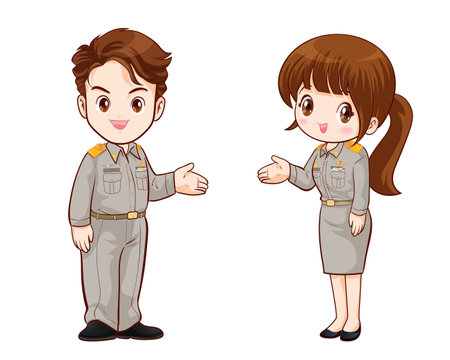 Thai government officers in uniform couple cartoon character greeting poseのイラスト素材