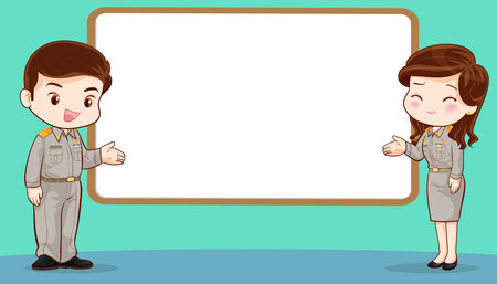 Thai government officers in uniform couple cartoon character greeting poseのイラスト素材