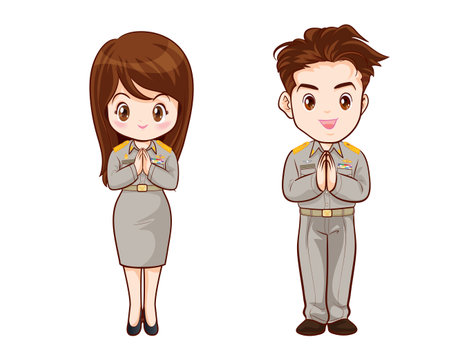 Thai government officers in uniform couple cartoon character greeting poseのイラスト素材