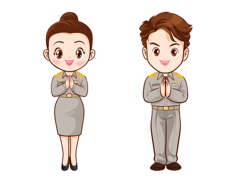 Thai government officers in uniform couple cartoon character greeting poseのイラスト素材