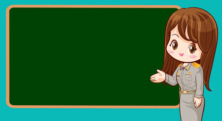 teacher woman,Thai government officers cartoon in uniform character greeting pose with signboardのイラスト素材