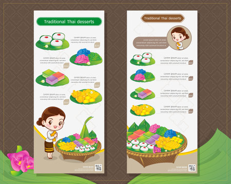 Thai woman cartoon character in traditional costume Sawasdee and welcome presenting traditional thai dessert menu template artworkのイラスト素材
