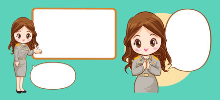 young woman Thai government officers cartoon in uniform presenting with blank space for your textのイラスト素材