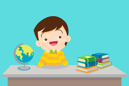 student boy thinking be happy on the deskのイラスト素材