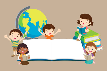 Kids sitting on stacks of books and reading.Boy and girls learning or studying.children with Back to School Concept education.Pupils holding textbooks and school Earth Globe icon modelのイラスト素材