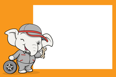 cute elephant cartoon mascot character worker uniform with white board Car mechanic with wheel and screwのイラスト素材
