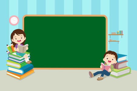 Kids sitting on stacks of books and reading.Boy and girls learning or studying.children with Back to School Concept education.Pupils with chalkboard and school Earth Globe icon modelのイラスト素材