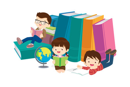 Kids sitting on stacks of books and reading.Boy and girls learning or studying.children with Back to School Concept education.Pupils holding textbooks and school Earth Globe icon modelのイラスト素材
