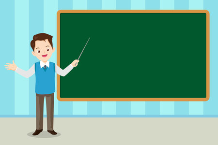 Happy Teacher Teaching Students In Classroom with chalkboardのイラスト素材
