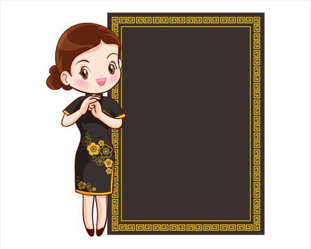 Pretty Chinese girl in mandarin gown with Chinese new year festival with space frame for your textのイラスト素材