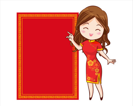 Pretty Chinese girl in mandarin gown with Chinese new year festival with space frame for your textのイラスト素材