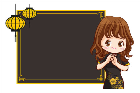 Pretty Chinese girl in mandarin gown with Chinese new year festival with space frame for your textのイラスト素材