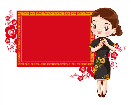 Pretty Chinese girl in mandarin gown with Chinese new year festival with space frame for your textのイラスト素材
