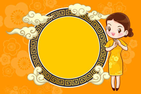Pretty Chinese girl in mandarin gown with Chinese new year festival with space frame for your textのイラスト素材