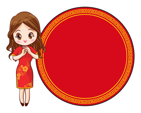 Pretty Chinese girl in mandarin gown with Chinese new year festival with space frame for your textのイラスト素材