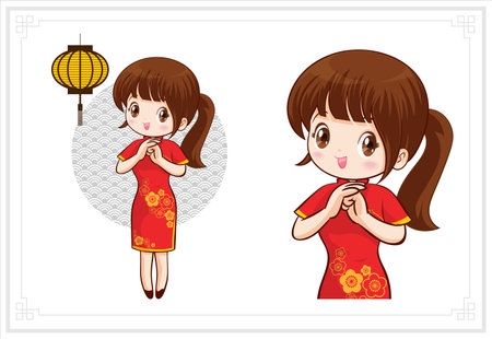 Pretty Chinese girl in mandarin gown with Chinese new year festival with space frame for your textのイラスト素材
