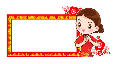Pretty Chinese girl in mandarin gown with Chinese new year festival with space frame for your textのイラスト素材