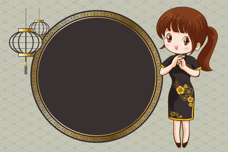 Pretty Chinese girl in mandarin gown with Chinese new year festival with space frame for your textのイラスト素材