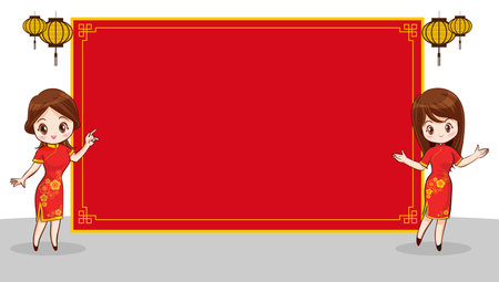 Pretty Chinese girl in mandarin gown with Chinese new year festival with space frame for your textのイラスト素材