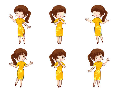 Pretty Chinese girl in mandarin gown with Chinese new year festival characterのイラスト素材