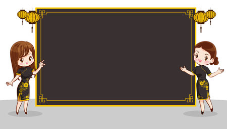 Pretty Chinese girl in mandarin gown with Chinese new year festival with space frame for your textのイラスト素材