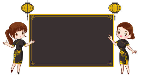 Pretty Chinese girl in mandarin gown with Chinese new year festival with space frame for your textのイラスト素材