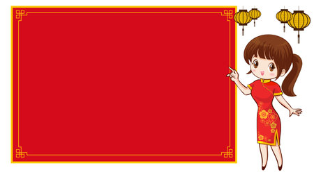 Pretty Chinese girl in mandarin gown with Chinese new year festival with space frame for your textのイラスト素材