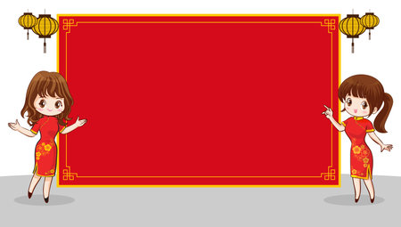 Pretty Chinese girl in mandarin gown with Chinese new year festival with space frame for your textのイラスト素材