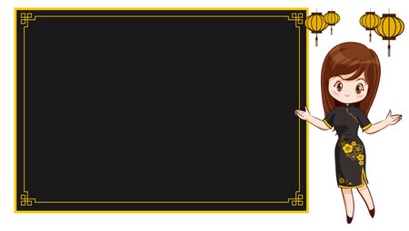 Pretty Chinese girl in mandarin gown with Chinese new year festival with space frame for your textのイラスト素材