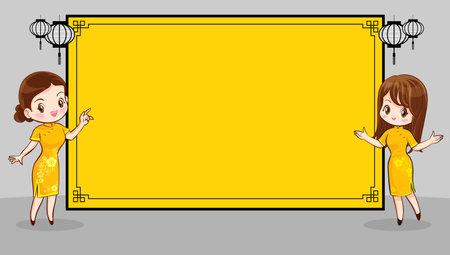 Pretty Chinese girl in mandarin gown with Chinese new year festival with space frame for your textのイラスト素材