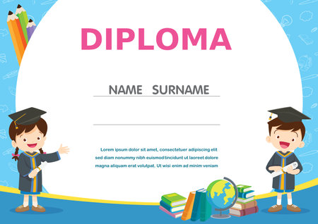 Preschool Kids Diploma ,School Kids Diploma certificate background design templateのイラスト素材