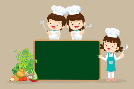 Chef Kids Cooking class design template.Cute little chef cooking meal menu,board,poster,banner,certificateのイラスト素材