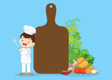 Chef Kids Cooking class design template.Cute little chef cooking meal menu,board,poster,banner,certificateのイラスト素材