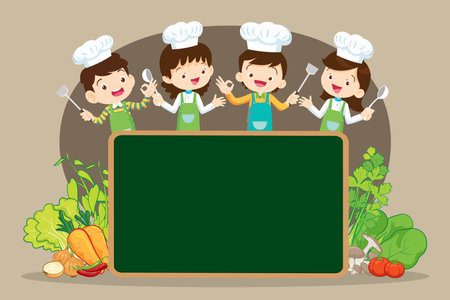 Chef Kids Cooking class design template.Cute little chef cooking meal menu,board,poster,banner,certificateのイラスト素材