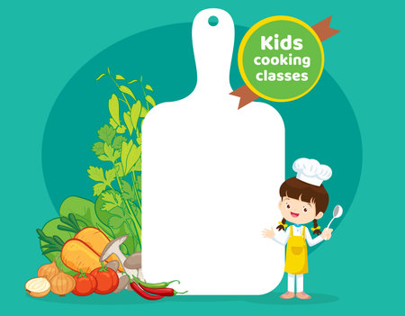 Chef Kids Cooking class design template.Cute little chef cooking meal menu,board,poster,banner,certificateのイラスト素材