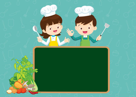 Chef Kids Cooking class design template.Cute little chef cooking meal menu,board,poster,banner,certificateのイラスト素材