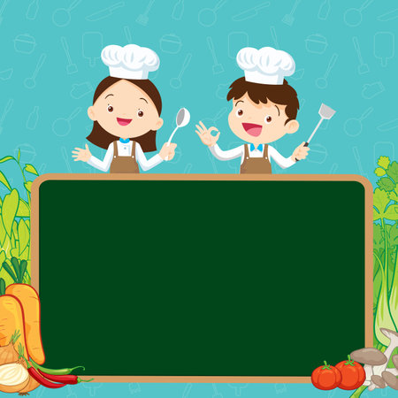 Chef Kids Cooking class design template.Cute little chef cooking meal menu,board,poster,banner,certificateのイラスト素材