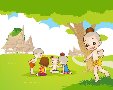 Traditional Thai Children are playing game. traditional Thai game.traditional Thai Kid game cartoon illustrationのイラスト素材