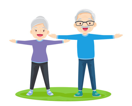 Elderly couple practicing yoga. Active Grandparents doing exercises. Sport. Morning exercises. Family enjoy sport and healthy lifestyle together Elderly couple.のイラスト素材