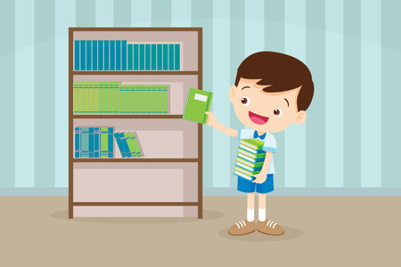 cute student Putting Books Back on Shelves shelf Kids Putting Books Back on Shelves as Library Assistant, Classroom Helperのイラスト素材
