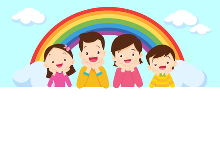 Cute family post smile on rainbow and white board frame. Dad son mom daughter grandparent sitting with hands on chin on rainbowのイラスト素材