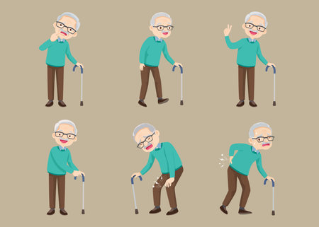 Senior citizen, retired grandfather wearing glasses, old age pensioner, lonely grandpa. Elderly different views, gestures, emotions.Old man character set, pose sequences.のイラスト素材
