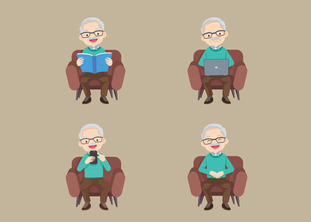 Senior citizen, retired grandfather wearing glasses, old age pensioner, lonely grandpa. Elderly different views, gestures, emotions.Old man character set, pose sequences.のイラスト素材