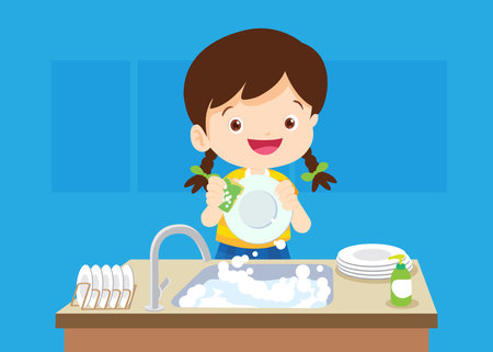 little kids washing the dishes in kitchen. Kids doing housework chores at homeのイラスト素材